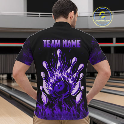 Purple Flaming Skull Bowling Shirts For Men Custom Fire Bowling Team Jersey Polo & Quarter Zip TDM5619