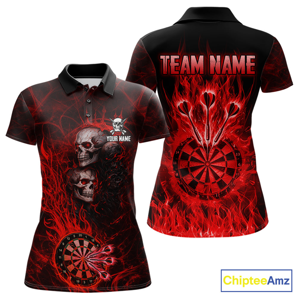 Red Flaming Skull Darts Polo & Quarter Zip Custom Fire Darts Shirt For Women, Darts Team Jersey TDM5620