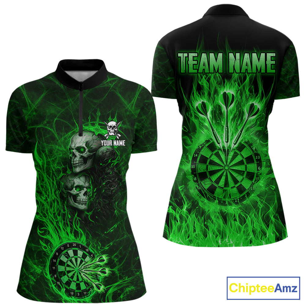 Green Flaming Skull Darts Polo & Quarter Zip Custom Fire Darts Shirt For Women, Darts Team Jersey TDM5621