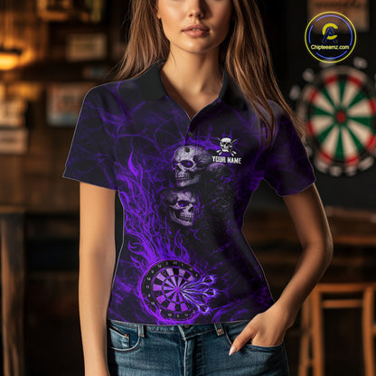Purple Flaming Skull Darts Polo & Quarter Zip Custom Fire Darts Shirt For Women, Darts Team Jersey TDM5622