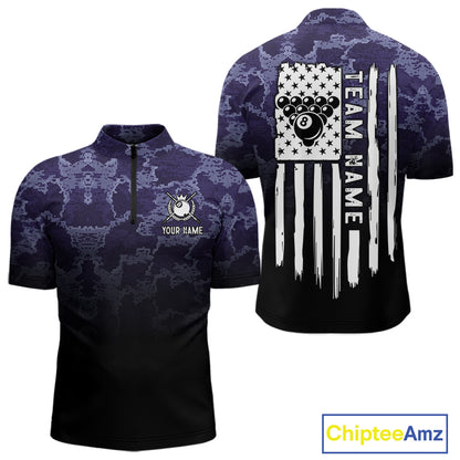 Black And Purple Camo US Flag 8 Ball Billiard Shirt For Men Custom Pool Team Jersey Polo & 1/4 Zip TDM5995