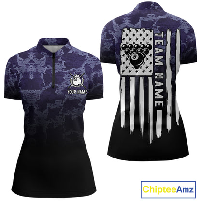 Black And Purple Camo US Flag 8 Ball Billiard Shirt For Women Custom Pool Team Jersey Polo & 1/4 Zip TDM5995