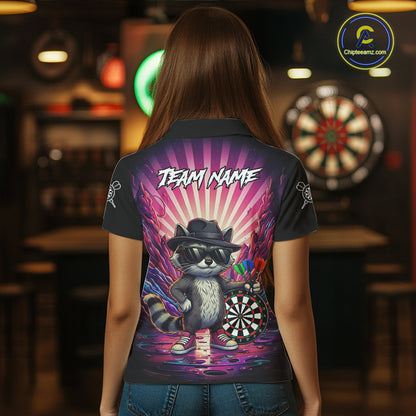 Pink Funny Raccoon Neon Graffiti Darts Shirt For Women Custom Darts Jersey Team Polo & 1/4 Zip TDM6000