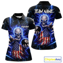 Load image into Gallery viewer, Blue Lightning 8 Ball US Flag Skull Billiard Shirt For Women Custom Pool Team Jersey Polo &amp; 1/4 Zip TDM6230