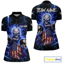 Load image into Gallery viewer, Blue Lightning 8 Ball US Flag Skull Billiard Shirt For Women Custom Pool Team Jersey Polo &amp; 1/4 Zip TDM6230