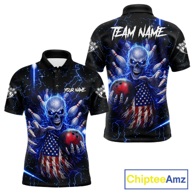 Blue Lightning US Flag Skull Bowling Shirt For Men Custom Bowling Team Jersey Polo & Quarter Zip TDM6232