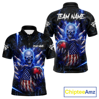 Blue Lightning US Flag Skull Bowling Shirt For Men Custom Bowling Team Jersey Polo & Quarter Zip TDM6232