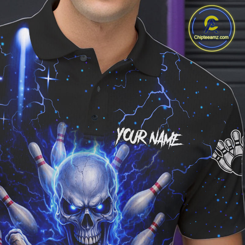 Blue Lightning US Flag Skull Bowling Shirt For Men Custom Bowling Team Jersey Polo & Quarter Zip TDM6232