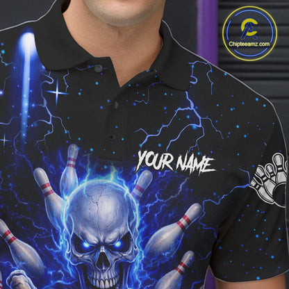 Blue Lightning US Flag Skull Bowling Shirt For Men Custom Bowling Team Jersey Polo & Quarter Zip TDM6232