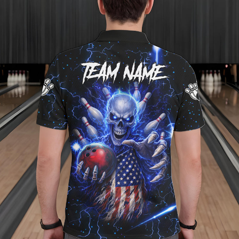 Blue Lightning US Flag Skull Bowling Shirt For Men Custom Bowling Team Jersey Polo & Quarter Zip TDM6232