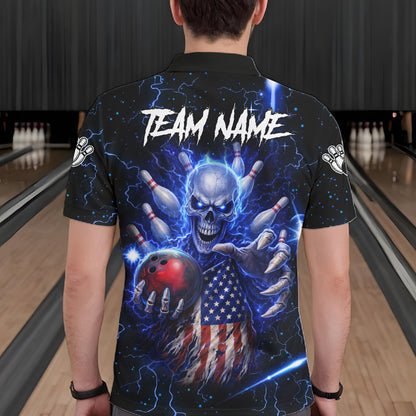 Blue Lightning US Flag Skull Bowling Shirt For Men Custom Bowling Team Jersey Polo & Quarter Zip TDM6232