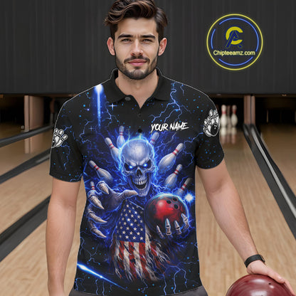Blue Lightning US Flag Skull Bowling Shirt For Men Custom Bowling Team Jersey Polo & Quarter Zip TDM6232