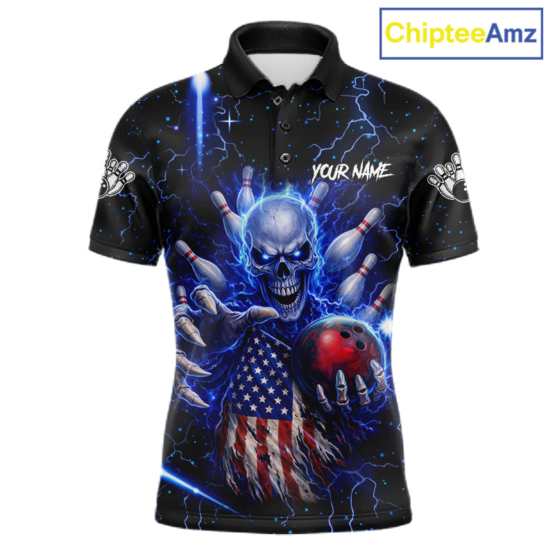 Blue Lightning US Flag Skull Bowling Shirt For Men Custom Bowling Team Jersey Polo & Quarter Zip TDM6232
