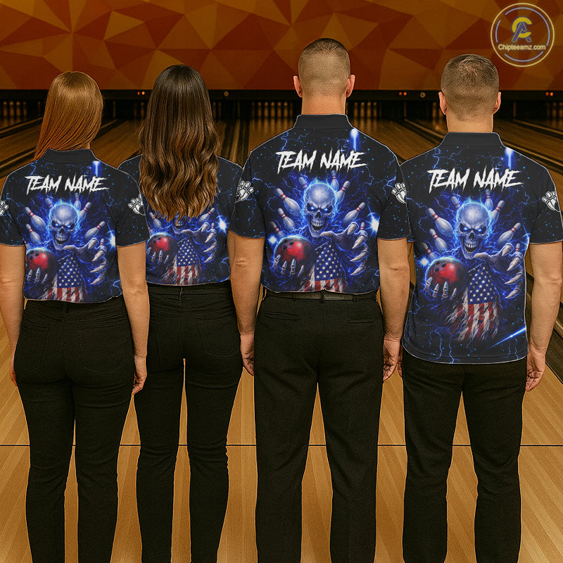 Blue Lightning US Flag Skull Bowling Shirt For Men Custom Bowling Team Jersey Polo & Quarter Zip TDM6232