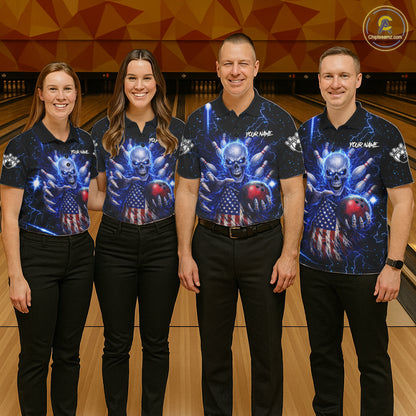 Blue Lightning US Flag Skull Bowling Shirt For Men Custom Bowling Team Jersey Polo & Quarter Zip TDM6232