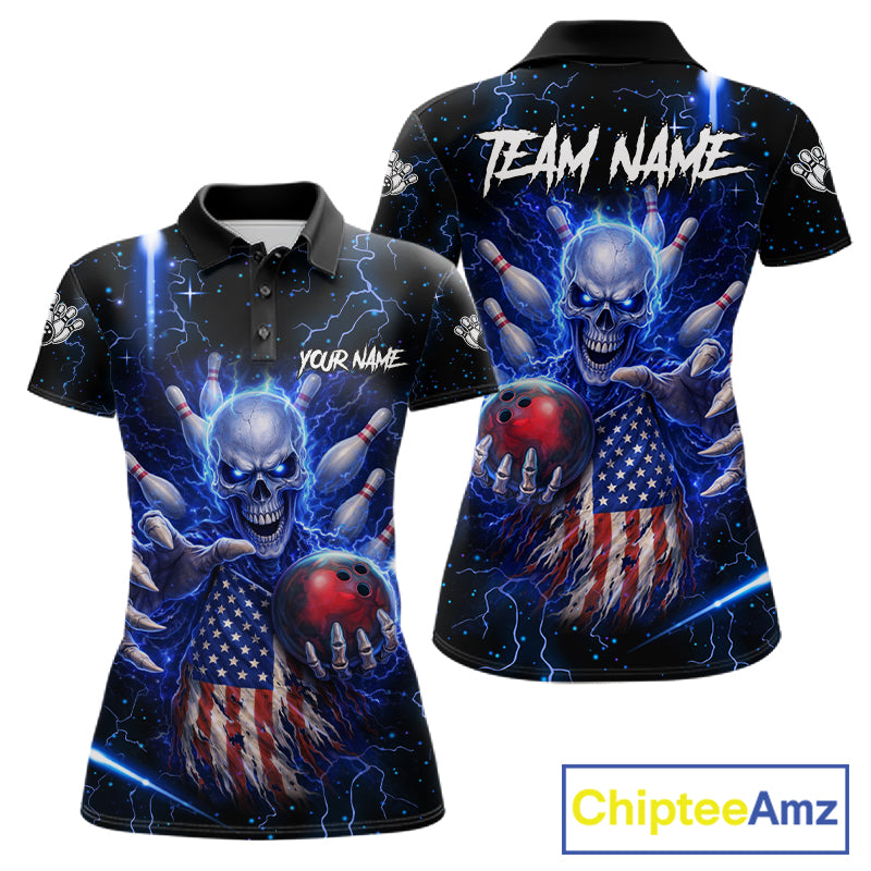 Blue Lightning US Flag Skull Bowling Shirt For Women Custom Bowling Team Jersey Polo & Quarter Zip TDM6232