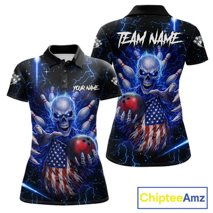 Blue Lightning US Flag Skull Bowling Shirt For Women Custom Bowling Team Jersey Polo & Quarter Zip TDM6232
