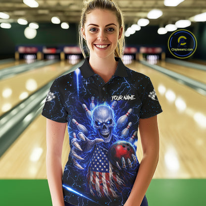 Blue Lightning US Flag Skull Bowling Shirt For Women Custom Bowling Team Jersey Polo & Quarter Zip TDM6232