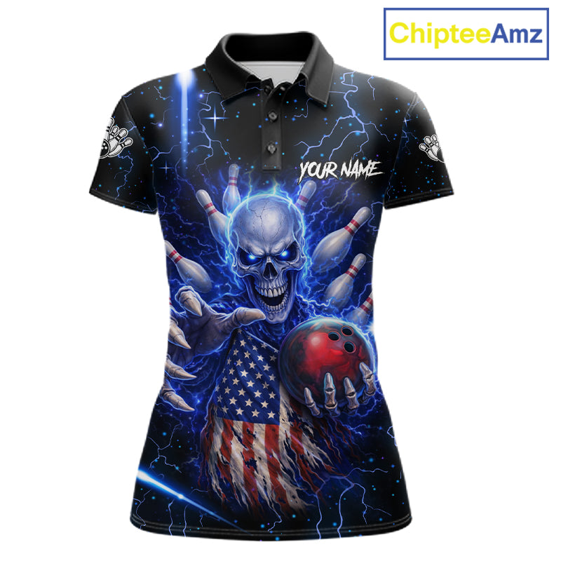 Blue Lightning US Flag Skull Bowling Shirt For Women Custom Bowling Team Jersey Polo & Quarter Zip TDM6232