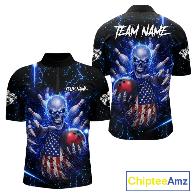 Blue Lightning US Flag Skull Bowling Shirt For Men Custom Bowling Team Jersey Polo & Quarter Zip TDM6232