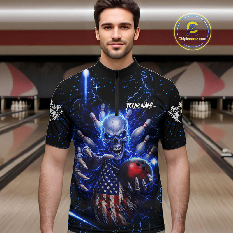 Blue Lightning US Flag Skull Bowling Shirt For Men Custom Bowling Team Jersey Polo & Quarter Zip TDM6232