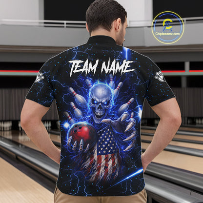 Blue Lightning US Flag Skull Bowling Shirt For Men Custom Bowling Team Jersey Polo & Quarter Zip TDM6232