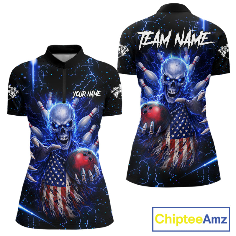 Blue Lightning US Flag Skull Bowling Shirt For Women Custom Bowling Team Jersey Polo & Quarter Zip TDM6232