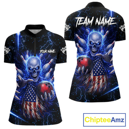 Blue Lightning US Flag Skull Bowling Shirt For Women Custom Bowling Team Jersey Polo & Quarter Zip TDM6232