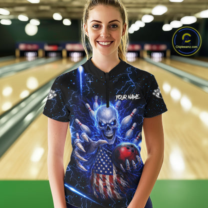 Blue Lightning US Flag Skull Bowling Shirt For Women Custom Bowling Team Jersey Polo & Quarter Zip TDM6232