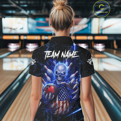 Blue Lightning US Flag Skull Bowling Shirt For Women Custom Bowling Team Jersey Polo & Quarter Zip TDM6232