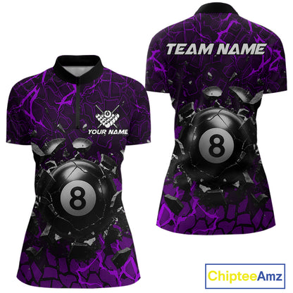 Purple crack 8 ball billiard quarter zip shirt for women designed for competitive tournaments and team matches.