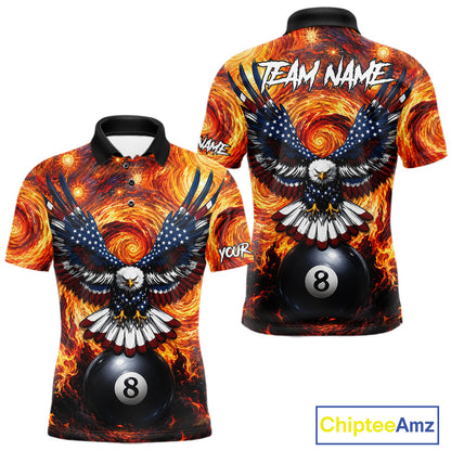 Custom fire flame red 8 ball US flag eagle billiard pool team jersey polo shirt for men, personalized billiard league apparel.