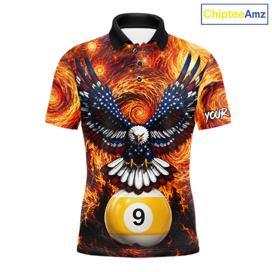 Custom fire flame red 9 ball US flag eagle billiard pool team jersey polo shirt for men, personalized billiard league apparel.