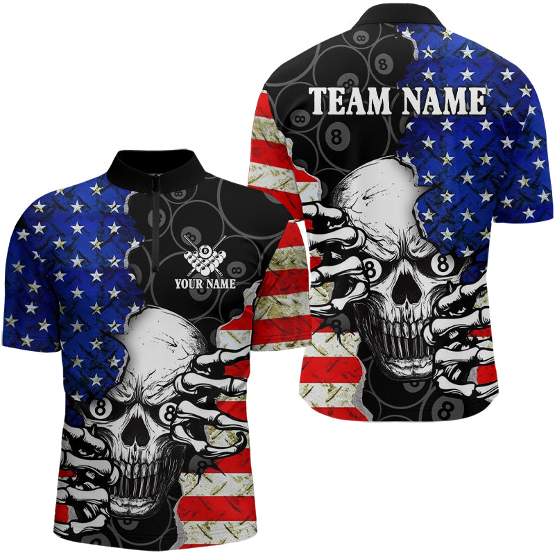 Personalized American Flag Skull Billiard Shirts For Men, Patriotic 8 Ball Billiard Jersey TDM3124