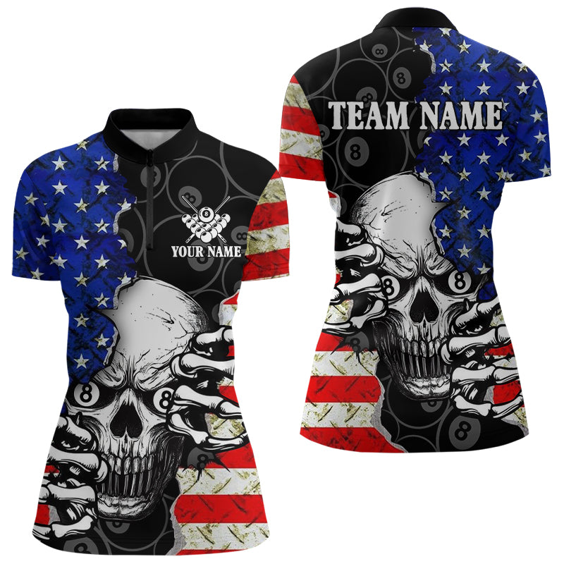 Personalized American Flag Skull Billiard Shirts For Women, Patriotic 8 Ball Billiard Jersey TDM3124