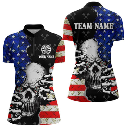 Personalized American Flag Skull Dart Shirts For Women, Patriotic Cool Dart Team Jerseys TDM3125