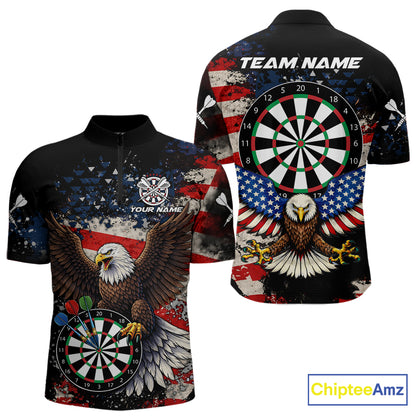 Grunge American Flag Eagle Darts Shirt For Men Custom Patriotic Darts Team Jersey Polo & 1/4 Zip TDM6002