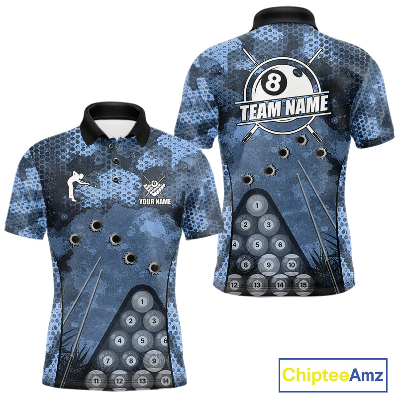 Blue Camo 8 Ball Billiard Shirt For Men Custom Pool Team Shirt, Billiard Jersey Polo & 1/4 Zip TDM6008
