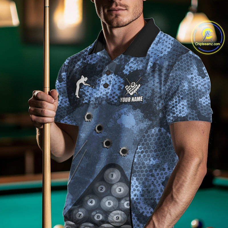 Blue Camo 8 Ball Billiard Shirt For Men Custom Pool Team Shirt, Billiard Jersey Polo & 1/4 Zip TDM6008