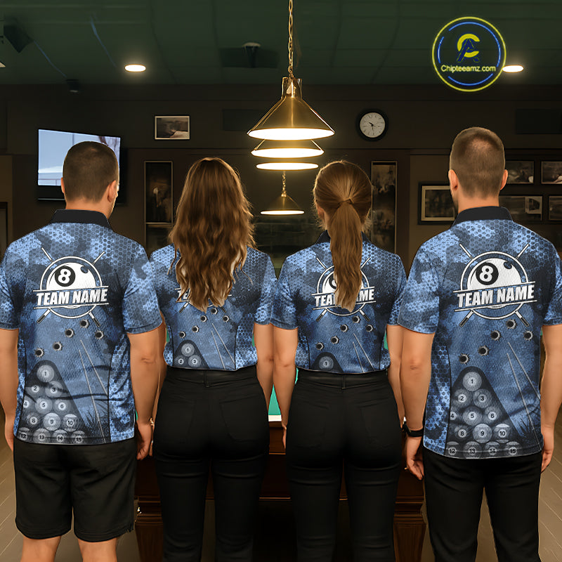 Blue Camo 8 Ball Billiard Shirt For Women Custom Pool Team Shirt, Billiard Jersey Polo & 1/4 Zip TDM6008