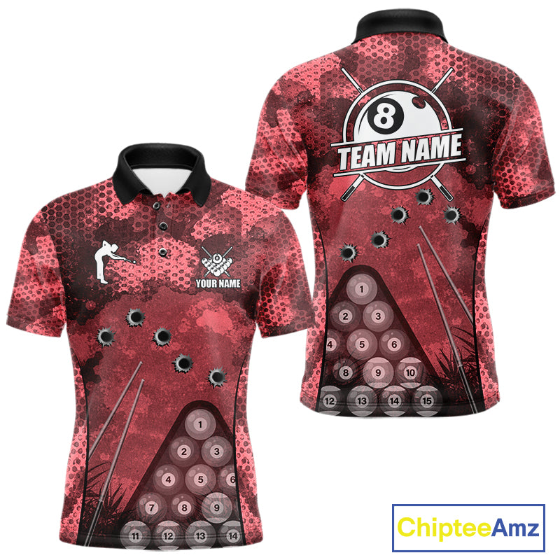 Red Camo 8 Ball Billiard Shirt For Men Custom Pool Team Shirt, Billiard Jersey Polo & 1/4 Zip TDM6009