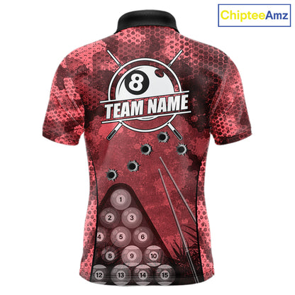Red Camo 8 Ball Billiard Shirt For Men Custom Pool Team Shirt, Billiard Jersey Polo & 1/4 Zip TDM6009
