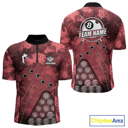 Red Camo 8 Ball Billiard Shirt For Men Custom Pool Team Shirt, Billiard Jersey Polo & 1/4 Zip TDM6009