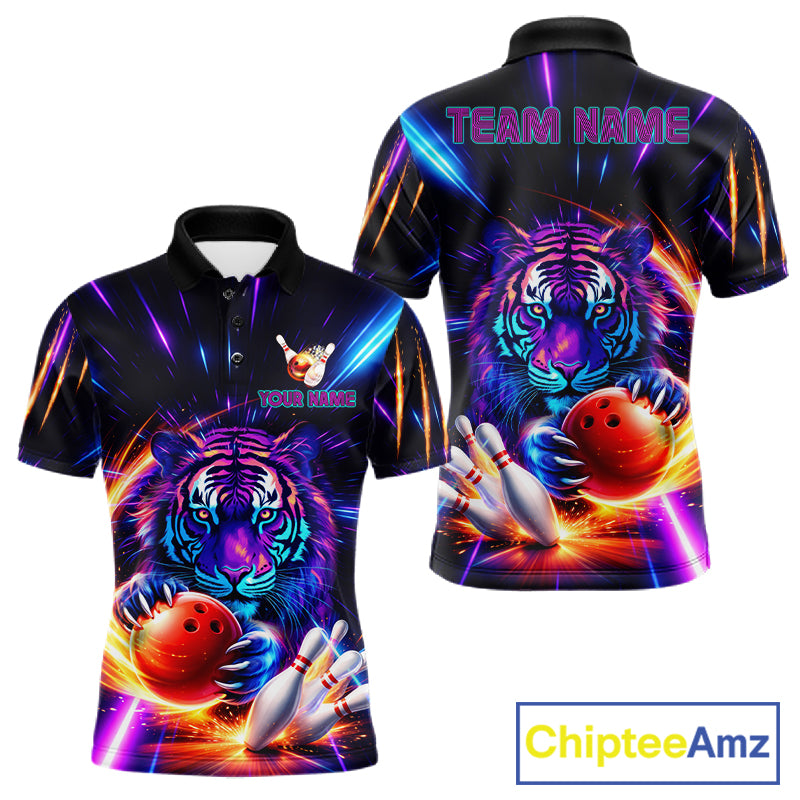Custom Neon Blue And Purple Tiger Bowling Shirt For Men, Bowling Team Jersey Polo & 1/4 Zip Shirt TDM6241