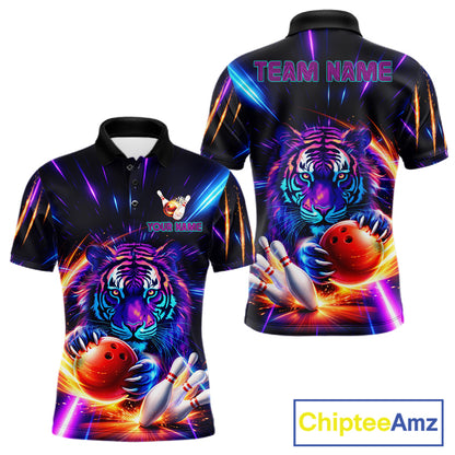Custom Neon Blue And Purple Tiger Bowling Shirt For Men, Bowling Team Jersey Polo & 1/4 Zip Shirt TDM6241