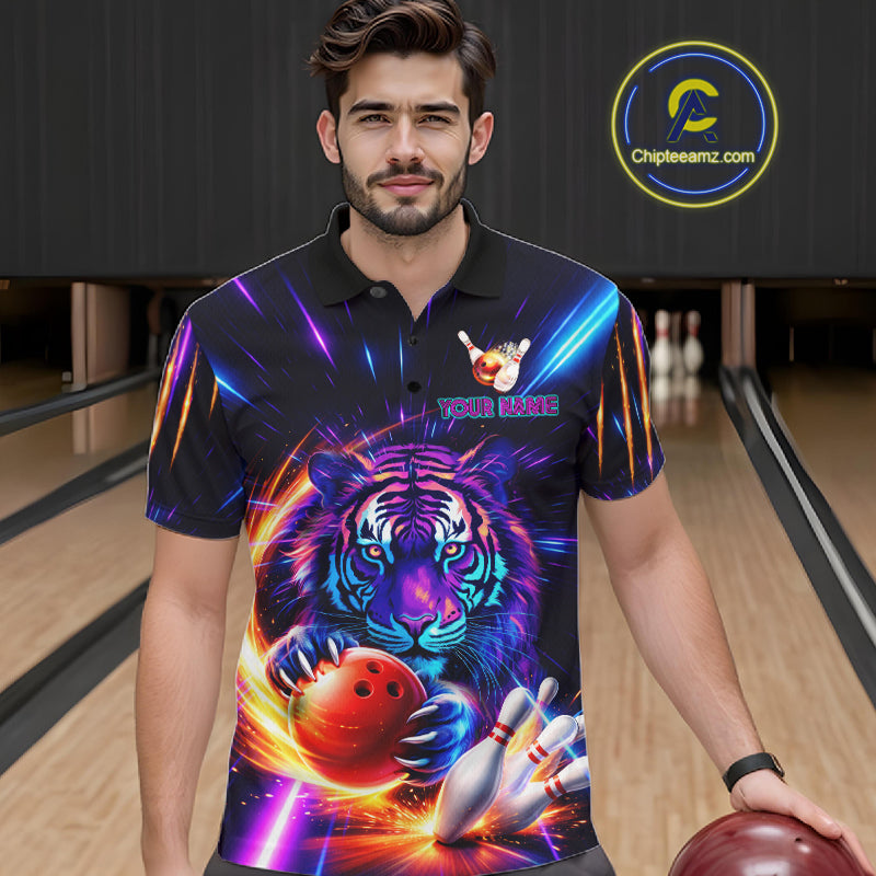 Custom Neon Blue And Purple Tiger Bowling Shirt For Men, Bowling Team Jersey Polo & 1/4 Zip Shirt TDM6241