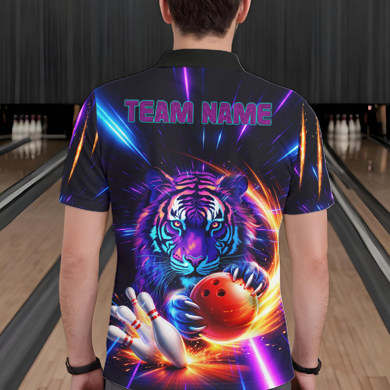 Custom Neon Blue And Purple Tiger Bowling Shirt For Men, Bowling Team Jersey Polo & 1/4 Zip Shirt TDM6241
