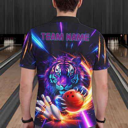 Custom Neon Blue And Purple Tiger Bowling Shirt For Men, Bowling Team Jersey Polo & 1/4 Zip Shirt TDM6241