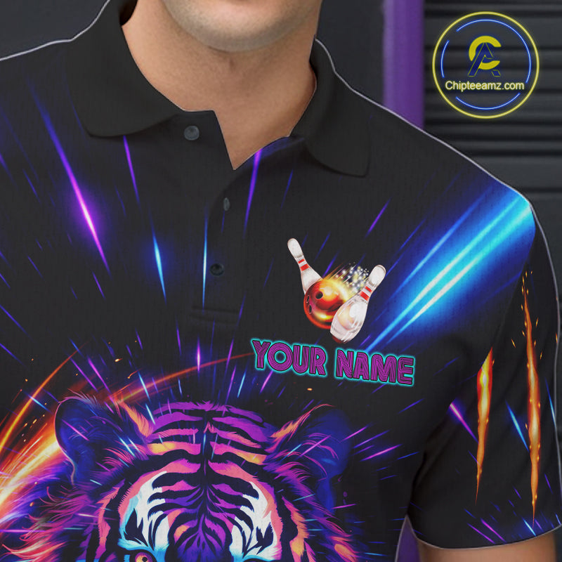 Custom Neon Blue And Purple Tiger Bowling Shirt For Men, Bowling Team Jersey Polo & 1/4 Zip Shirt TDM6241