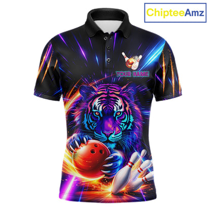 Custom Neon Blue And Purple Tiger Bowling Shirt For Men, Bowling Team Jersey Polo & 1/4 Zip Shirt TDM6241